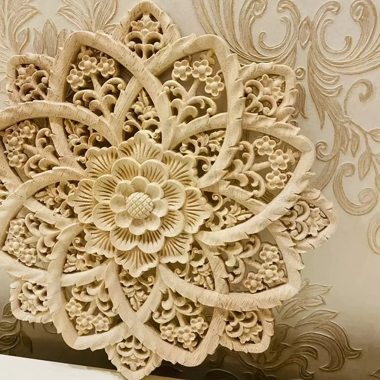 Wooden Flower Carving Disc - Yellow Floral Design on Natural Wood by House Of Avana