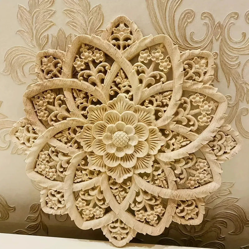 Wooden Flower Carving Disc - Yellow Floral Design on Natural Wood by House Of Avana