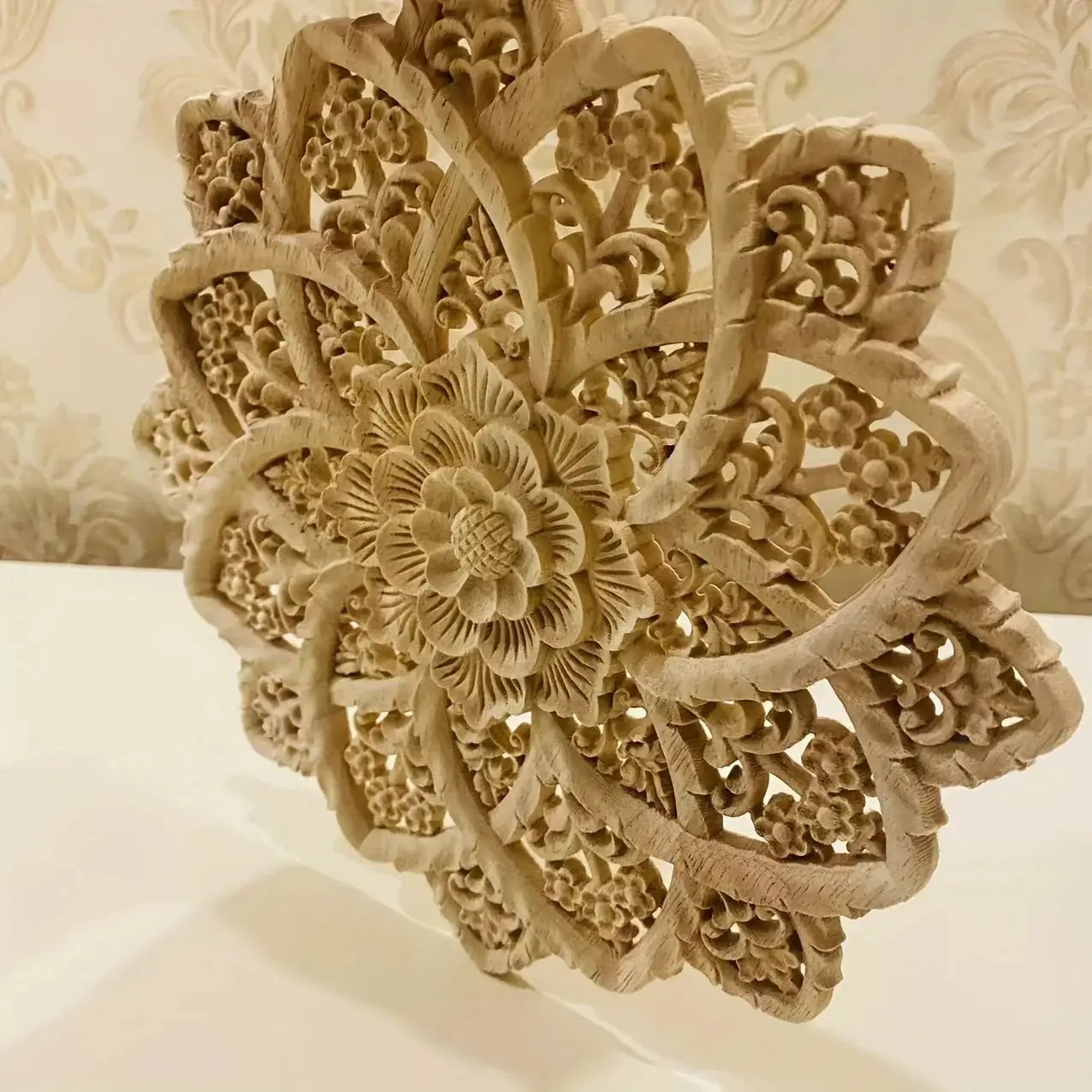 Wooden Flower Carving Disc - Yellow Floral Design on Natural Wood by House Of Avana