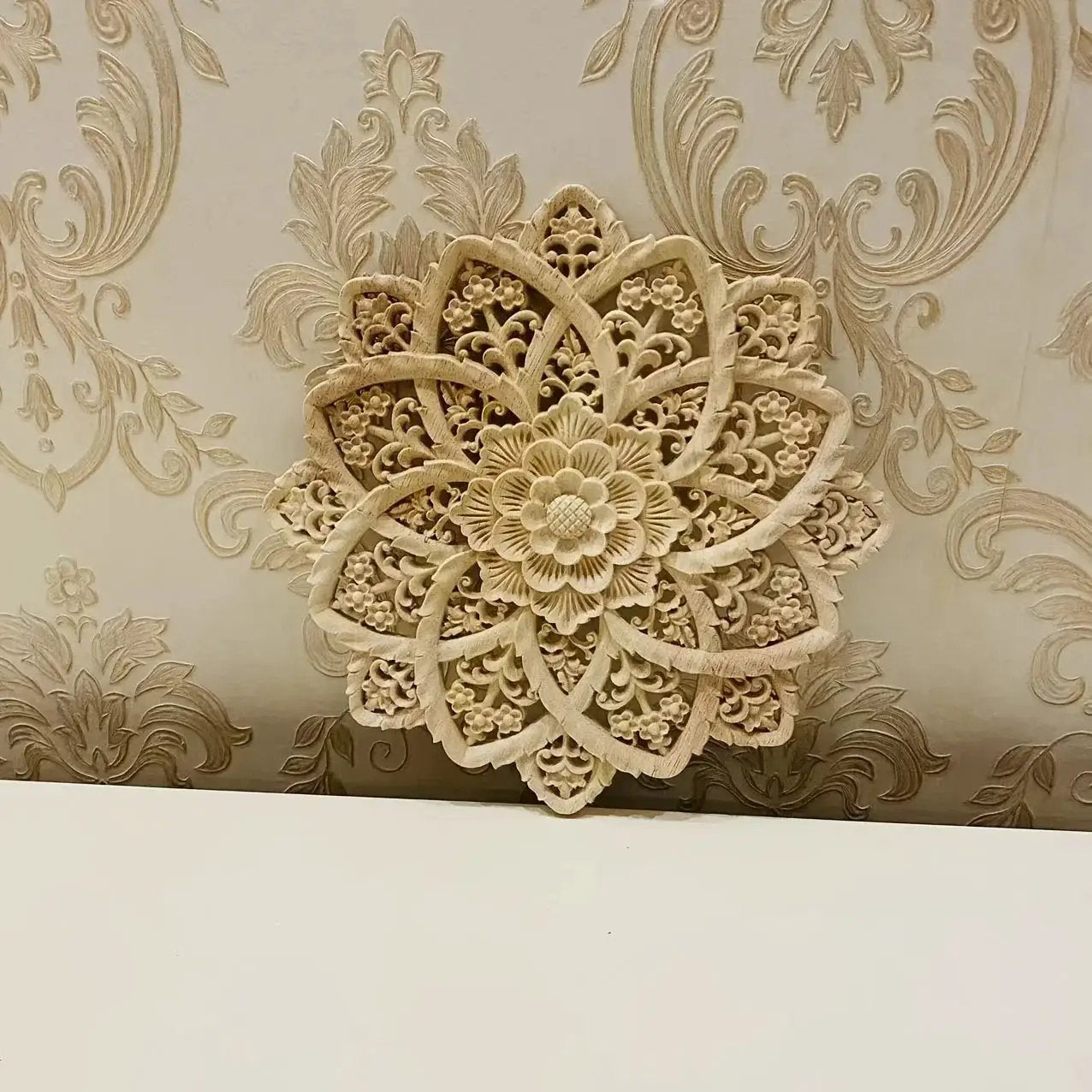 Wooden Flower Carving Disc - Yellow Floral Design on Natural Wood by House Of Avana
