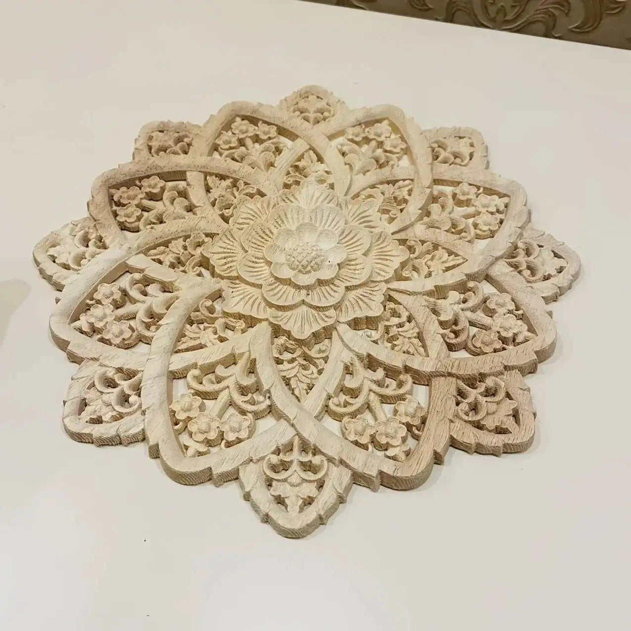 Wooden Flower Carving Disc - Yellow Floral Design on Natural Wood by House Of Avana