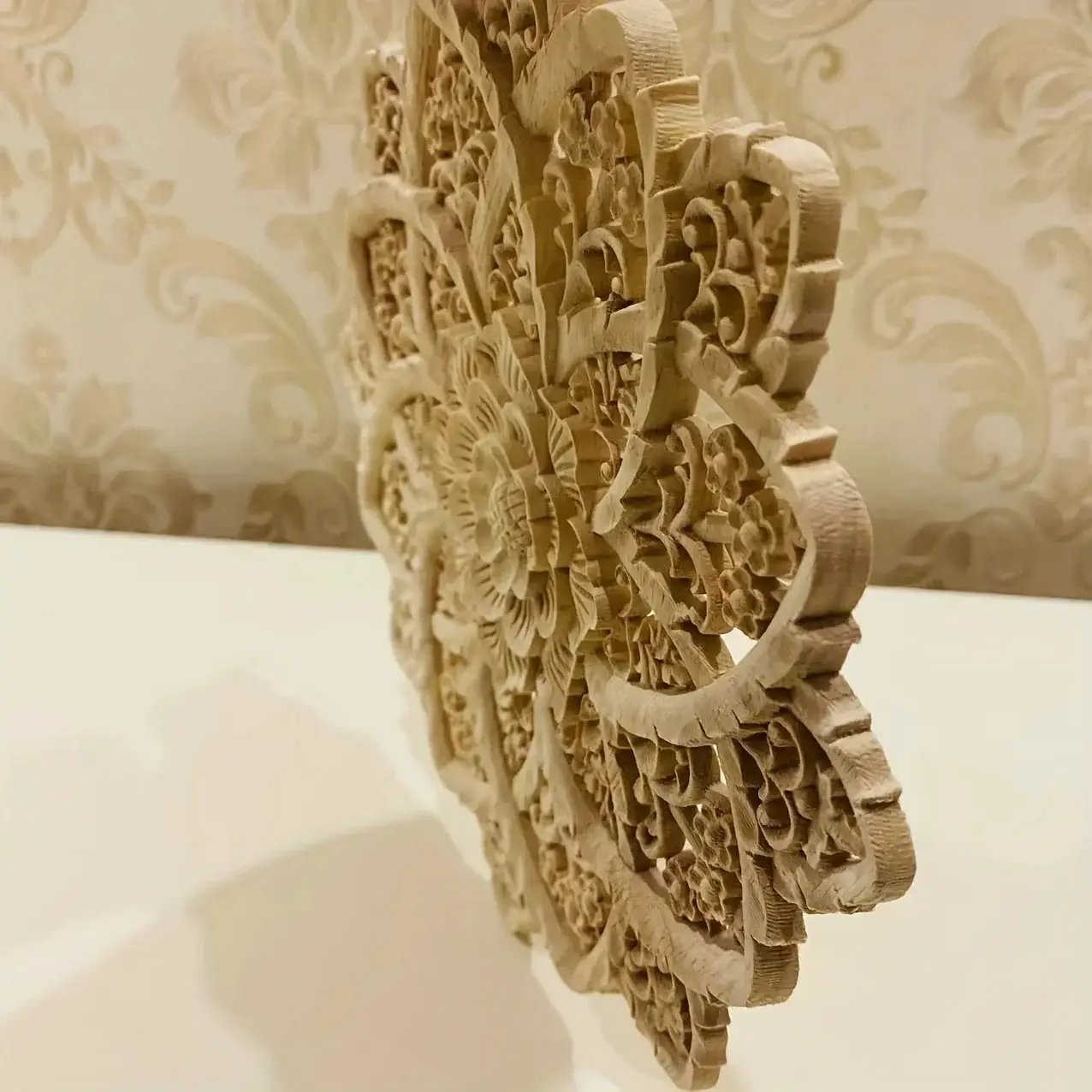 Wooden Flower Carving Disc - Yellow Floral Design on Natural Wood by House Of Avana