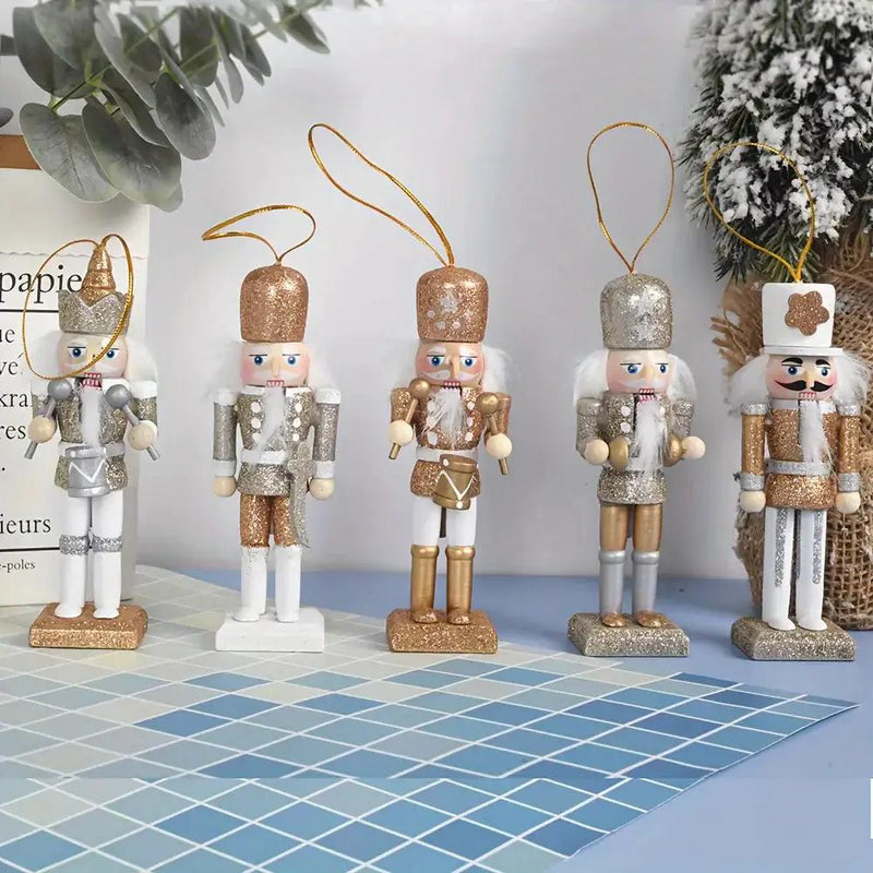 Wooden Nutcracker Ornaments, Golden Glitter, 5pcs Christmas Tree Decor by House Of Avana