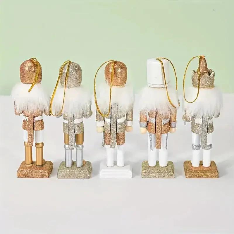 Wooden Nutcracker Ornaments, Golden Glitter, 5pcs Christmas Tree Decor by House Of Avana