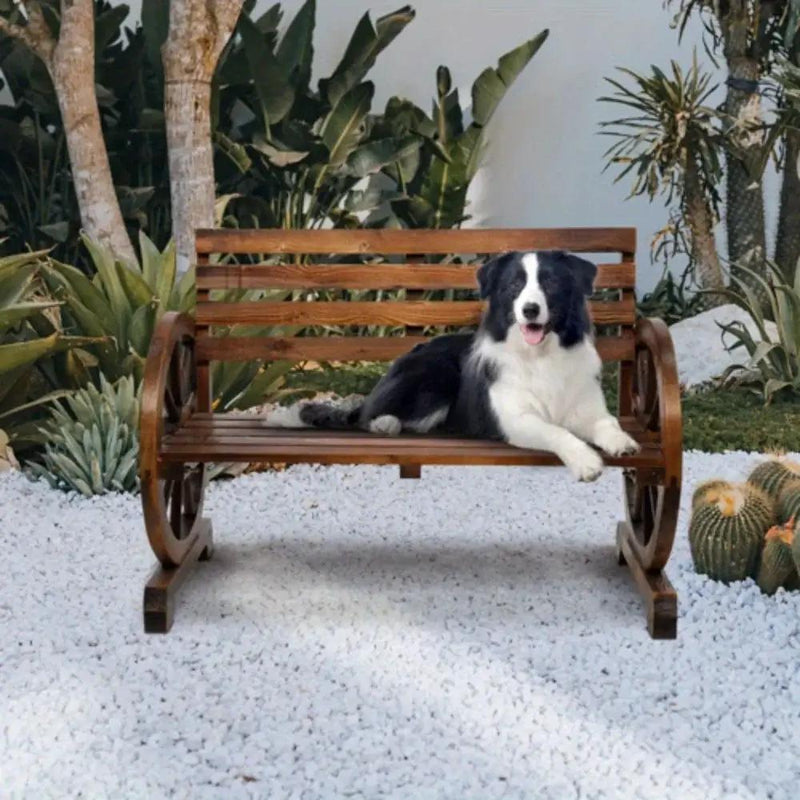 Wooden Outdoor Wheel - Shaped Bench, Wagon Slatted Seat, Weather Resistance, For 3 - Person, For Porch, Yard, Lawn And Garden, Rustic by House Of Avana