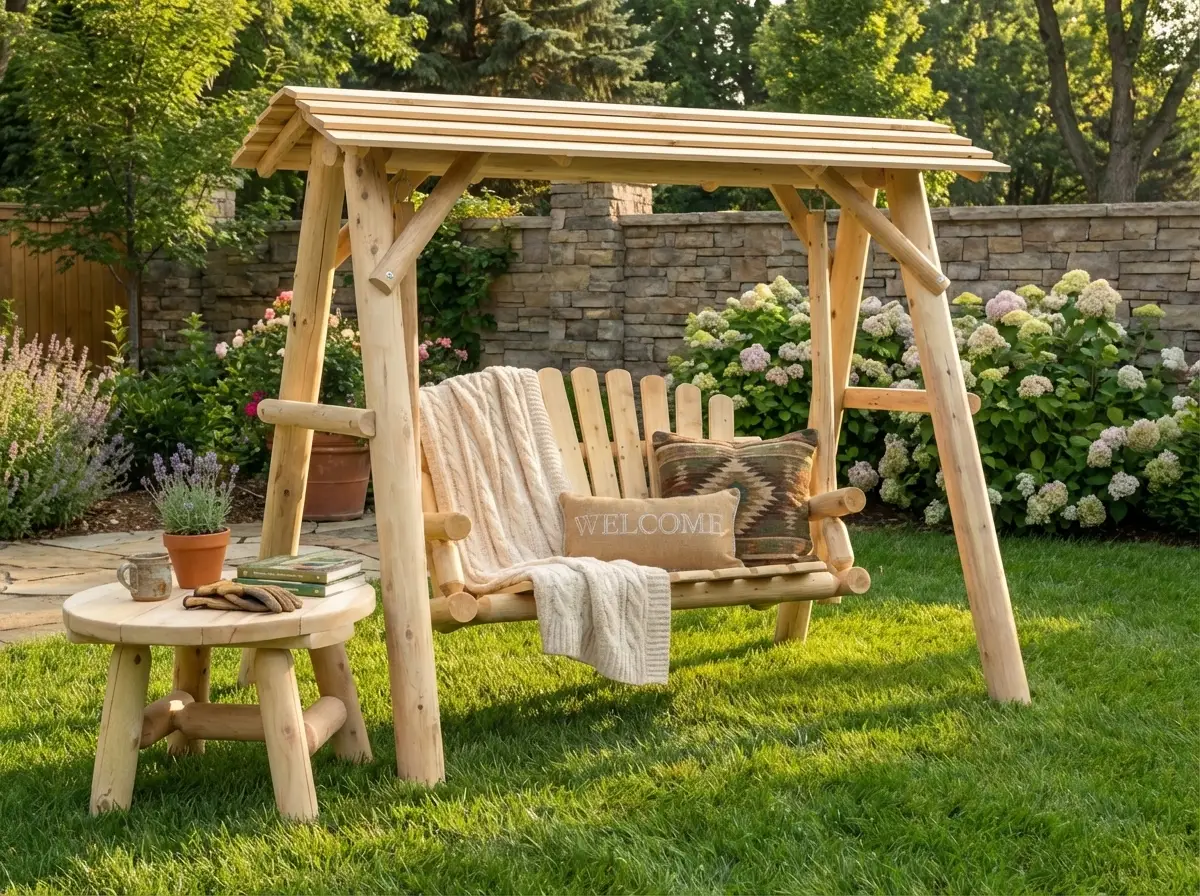 Wooden Porch Swing with Canopy by Cedar Creek Rustic Furniture