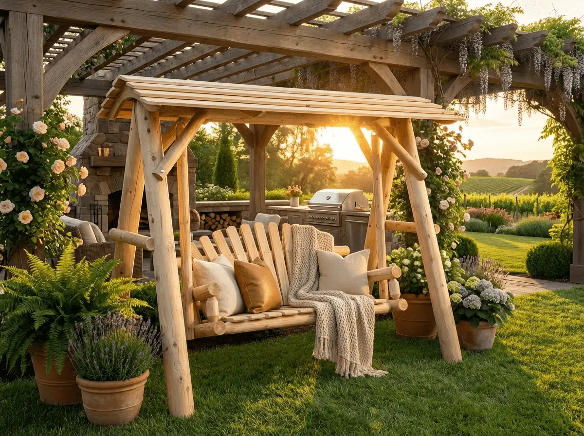 Wooden Porch Swing with Canopy by Cedar Creek Rustic Furniture