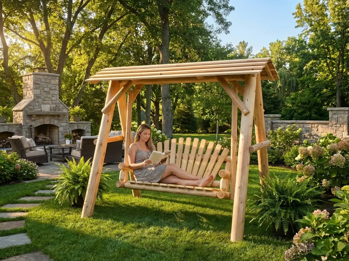 Wooden Porch Swing with Canopy by Cedar Creek Rustic Furniture