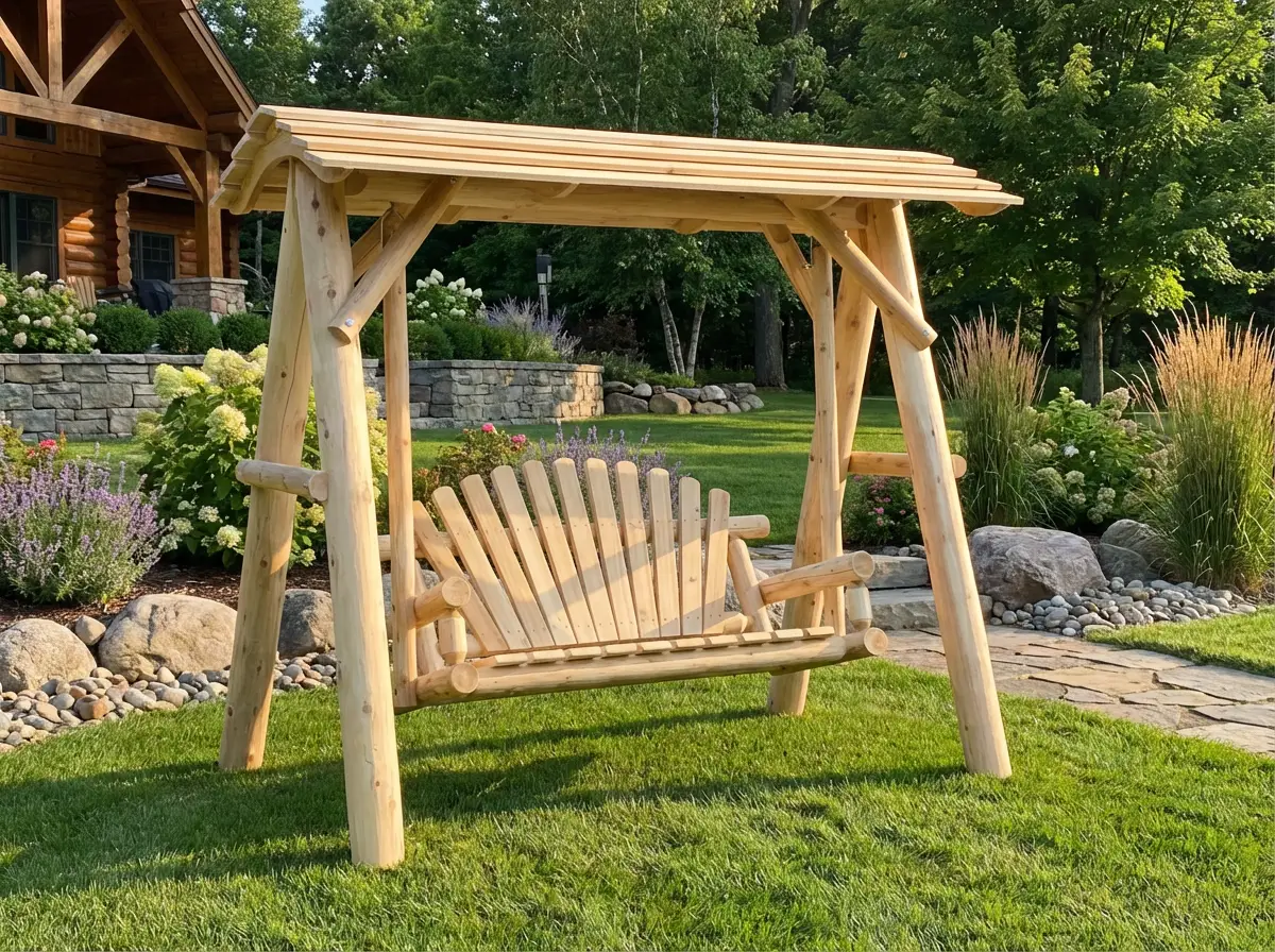 Wooden Porch Swing with Canopy by Cedar Creek Rustic Furniture