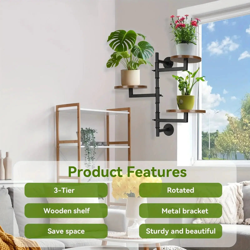 Wooden Rotatable Window Sill Plant Stand, 3 Tier Wall Plant Stand, 180 Degree Rotating Plant Stand, Mid-Century Wooden Style Plant Stand For Indoor And Outdoor Decoration (black) by House Of Avana
