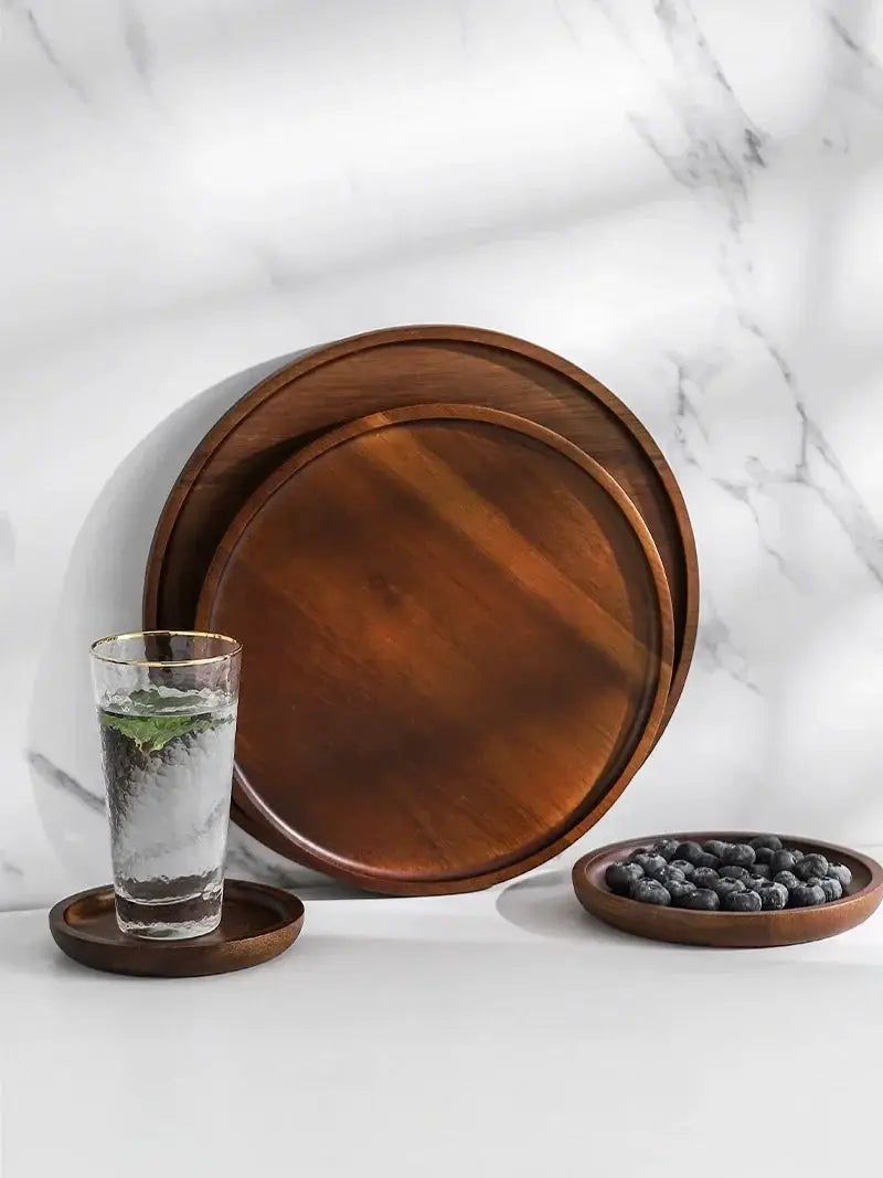 Wooden Round Tea Tray Serving Platter by House Of Avana