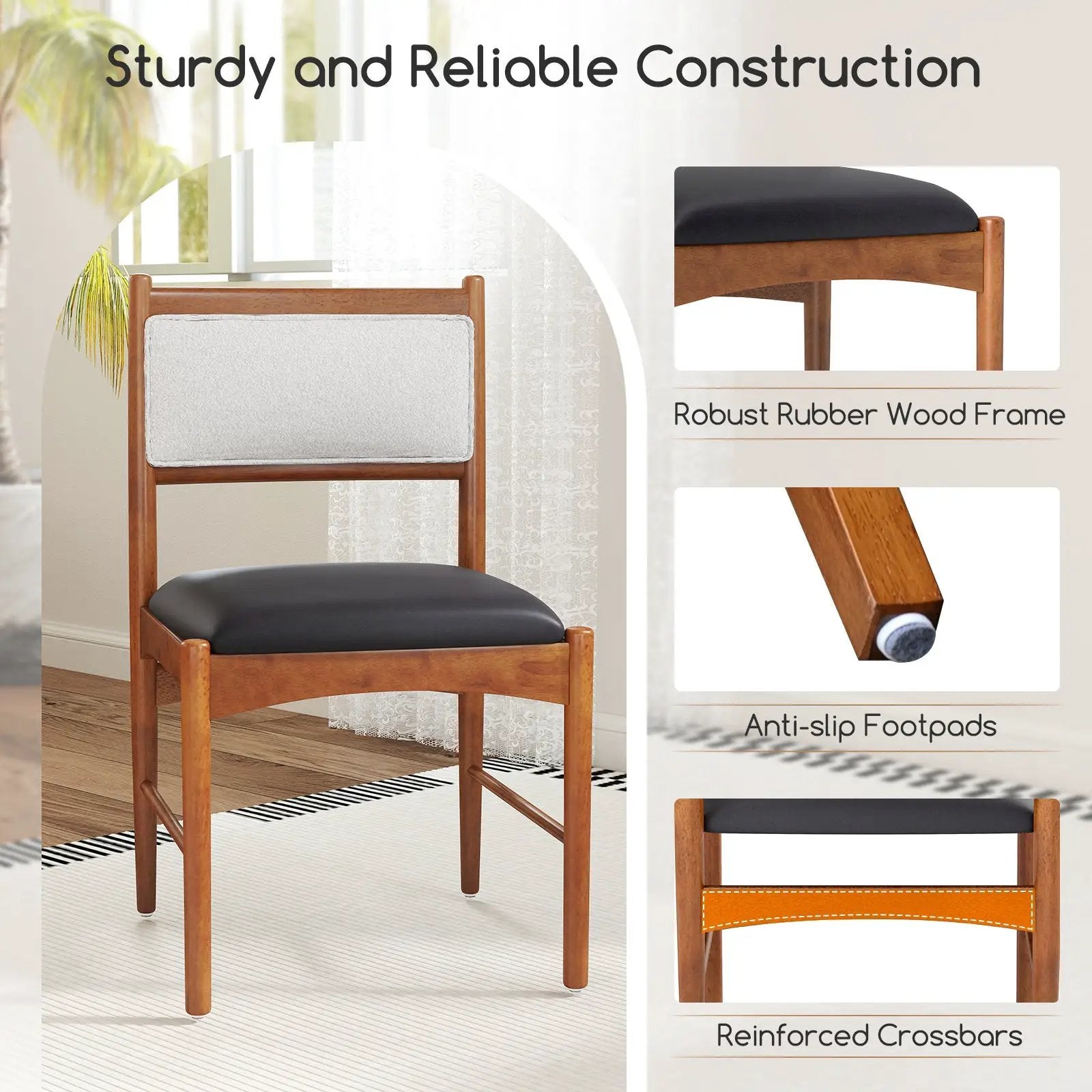 Wooden Dining Chair Set of 2 with Rubber Wood Frame and Faux Sherpa Backrest-Walnut by DirectDeals