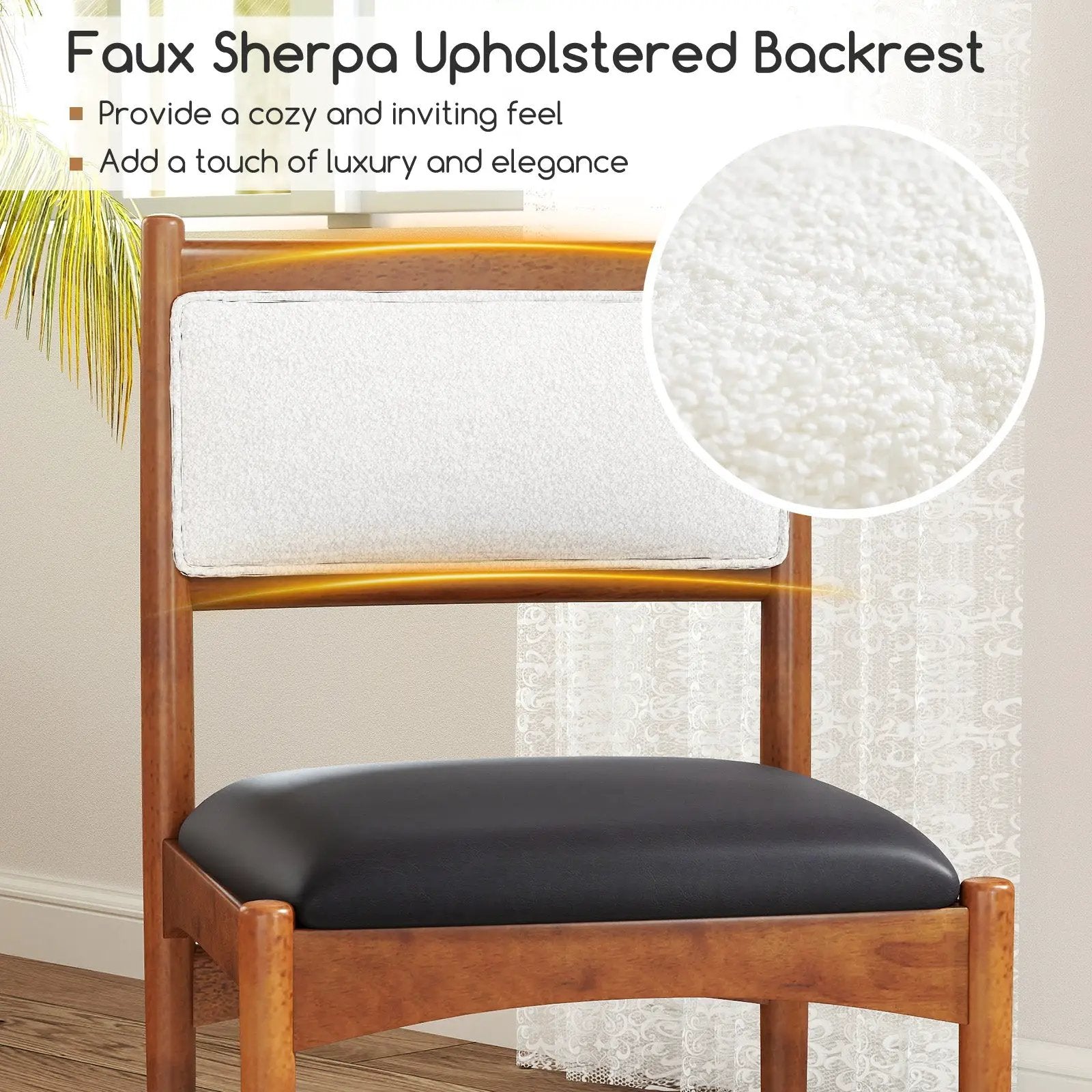 Wooden Dining Chair Set of 2 with Rubber Wood Frame and Faux Sherpa Backrest-Walnut by DirectDeals