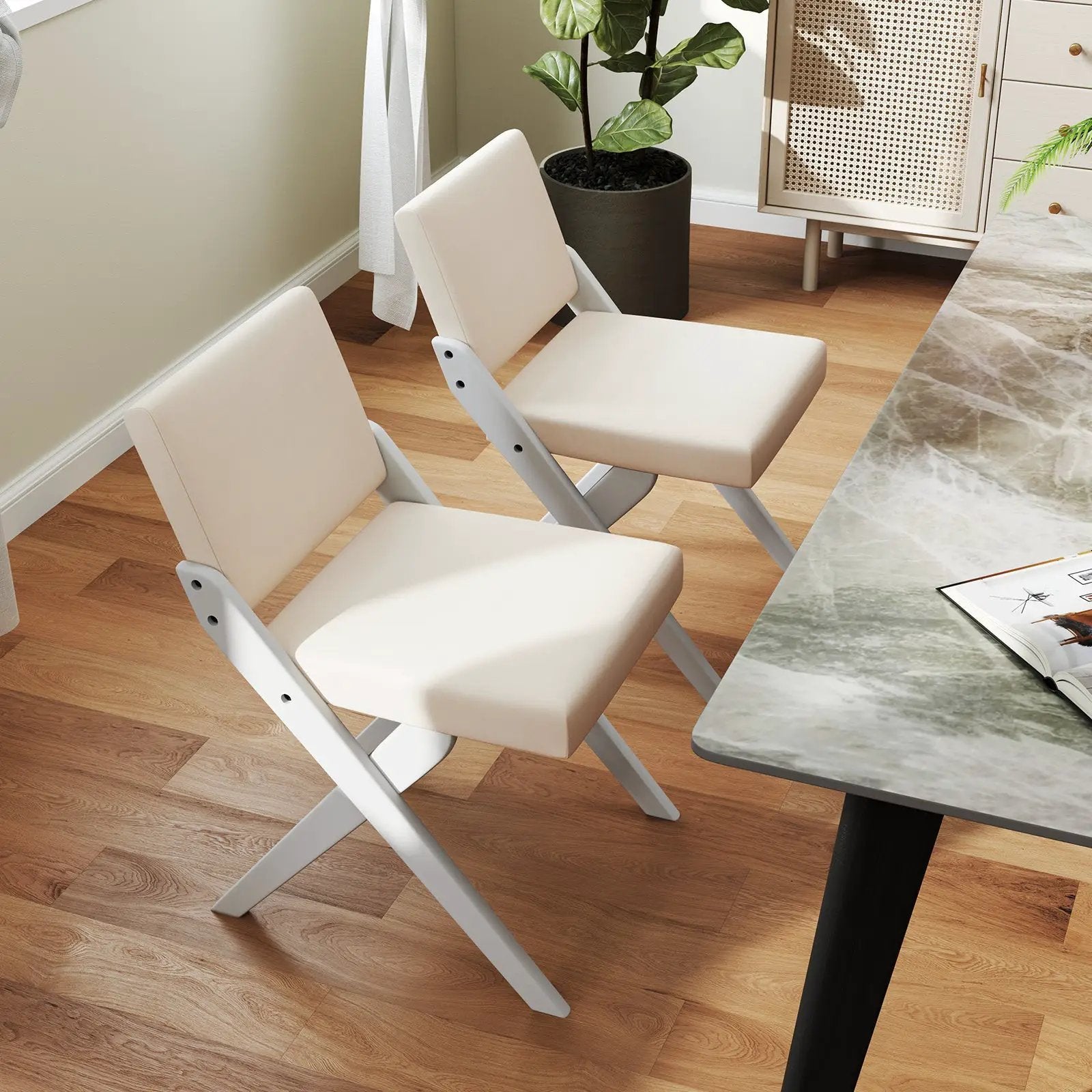 Wooden Dining Chairs of 2 with Rubber Wood Frame and Padded Cushions-White by DirectDeals