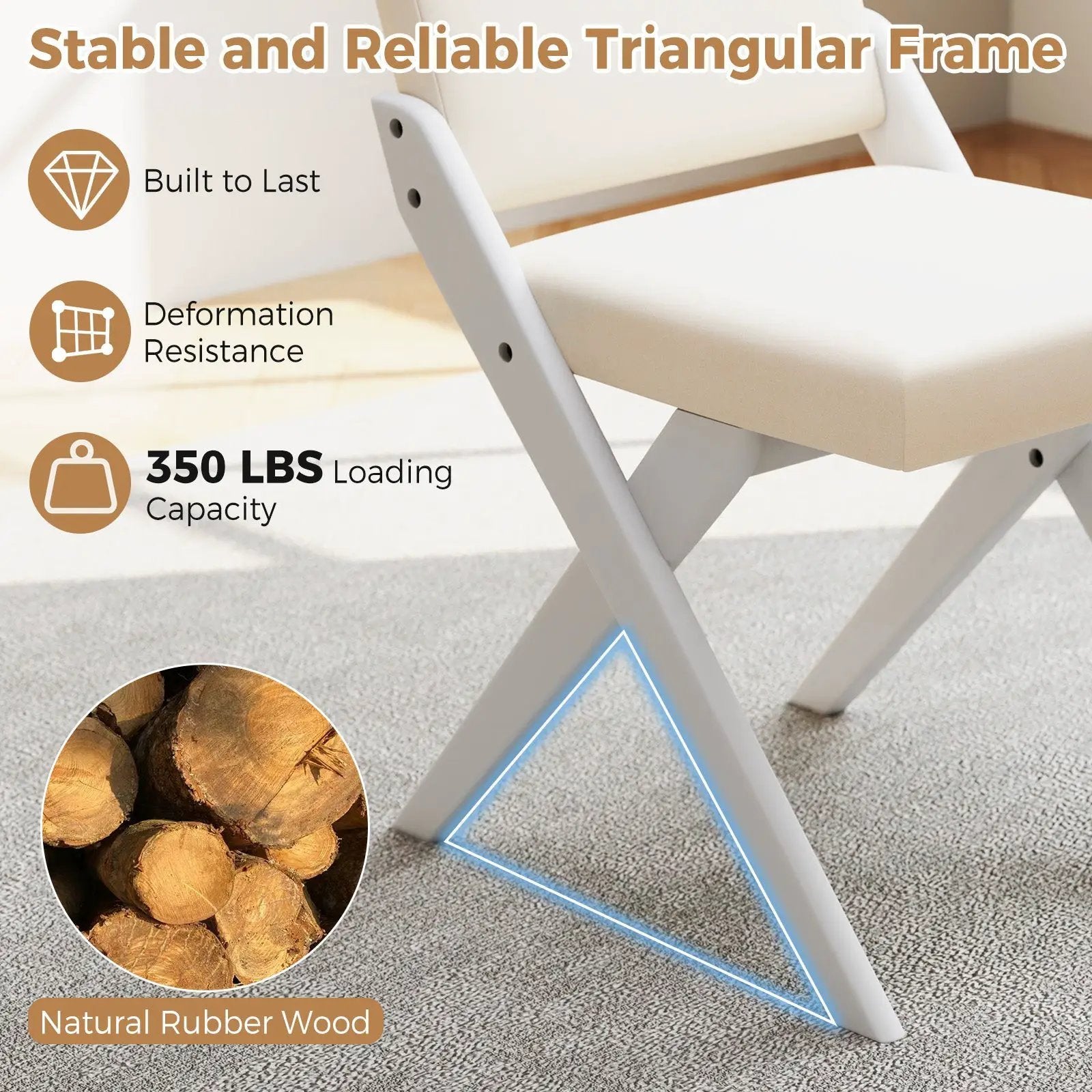 Wooden Dining Chairs of 2 with Rubber Wood Frame and Padded Cushions-White by DirectDeals