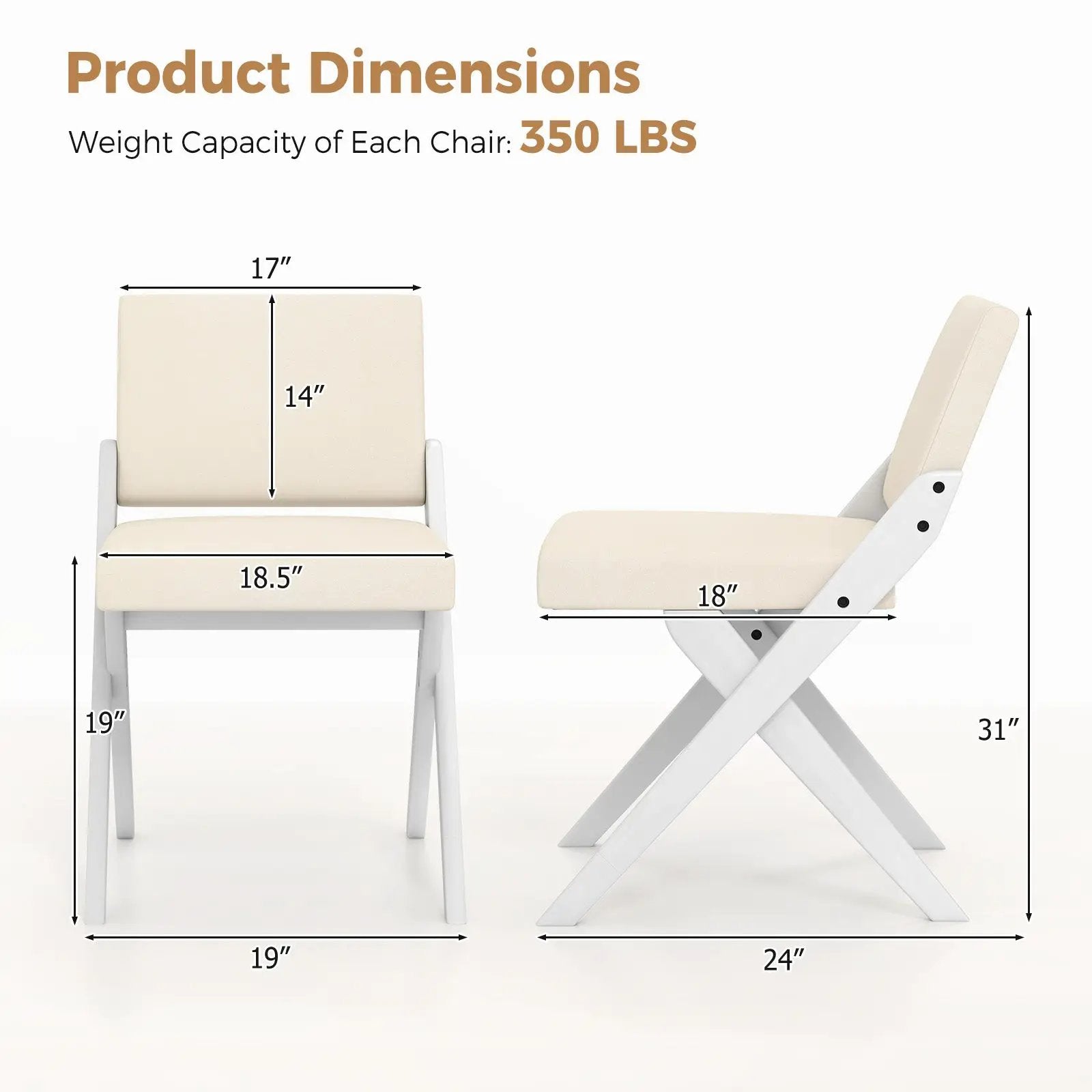 Wooden Dining Chairs of 2 with Rubber Wood Frame and Padded Cushions-White by DirectDeals