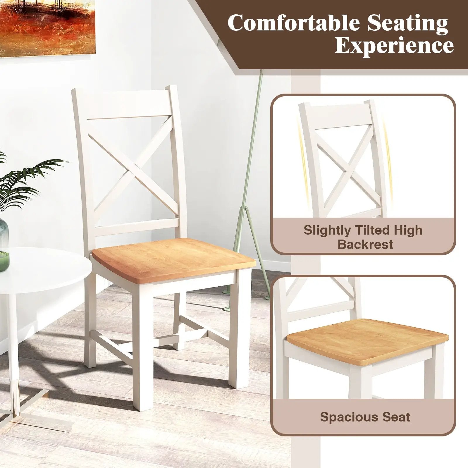 Wooden Dining Chairs Set of 2 with High Back and Rubber Wood Frame-Natural by DirectDeals
