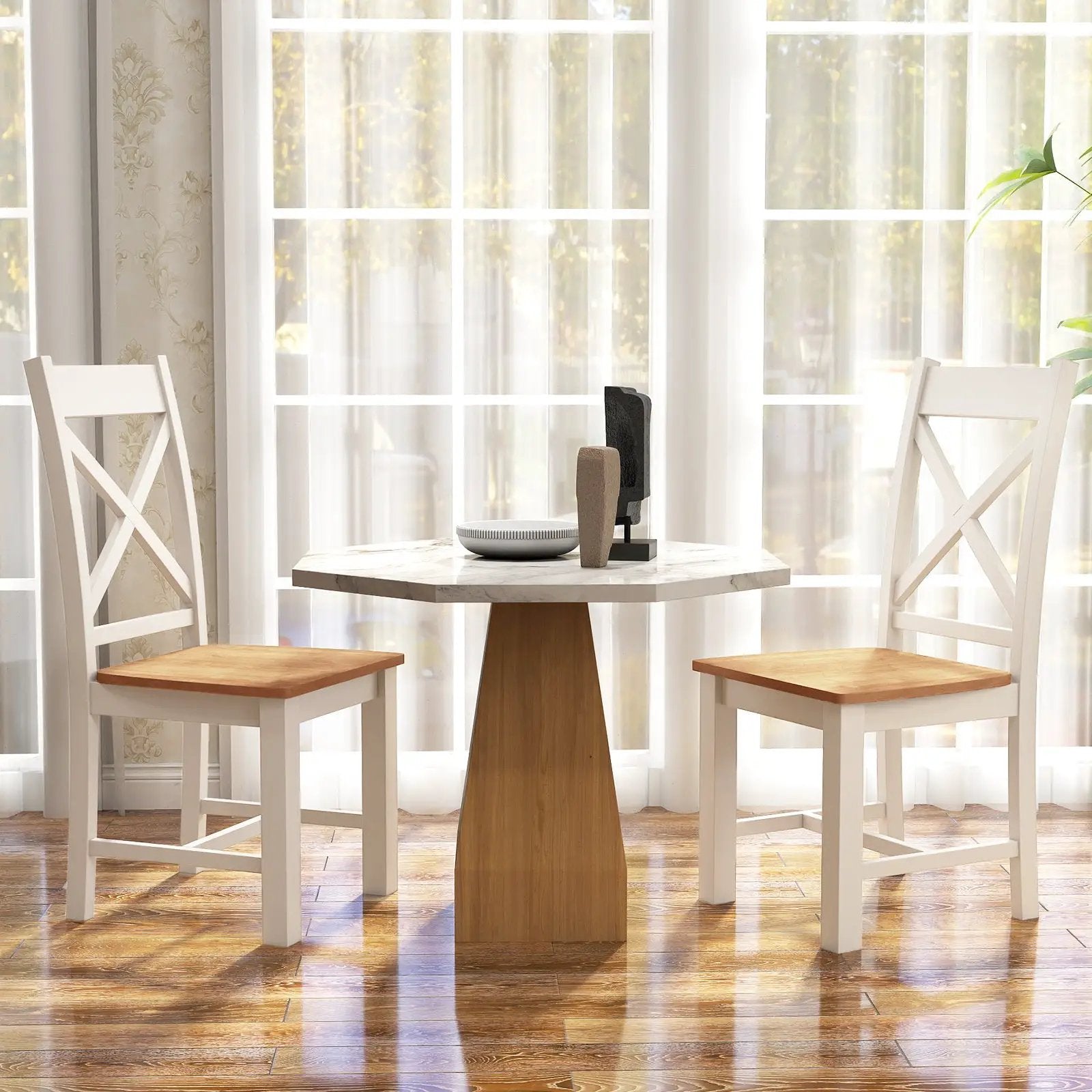 Wooden Dining Chairs Set of 2 with High Back and Rubber Wood Frame-Natural by DirectDeals