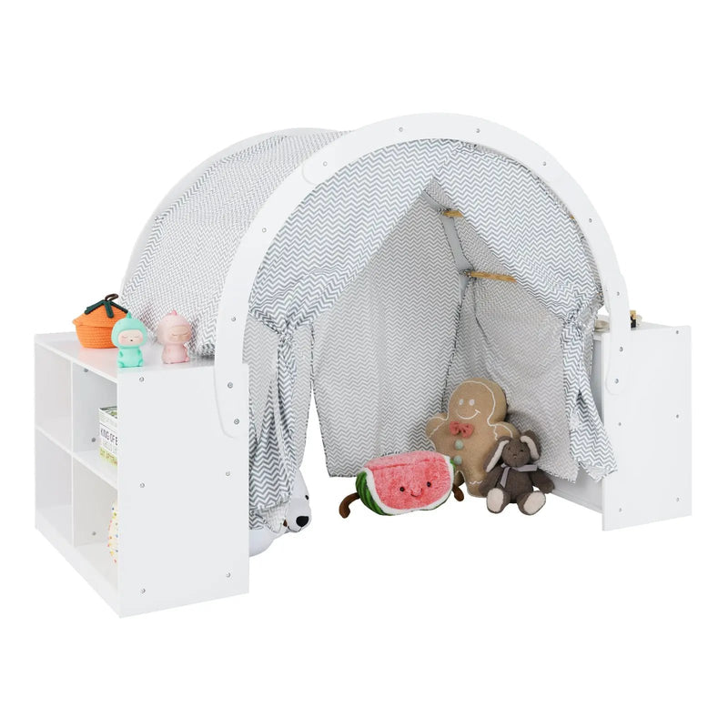Wooden Kids Play Tent with Curtain Shades and 8 Cubbies-White by DirectDeals