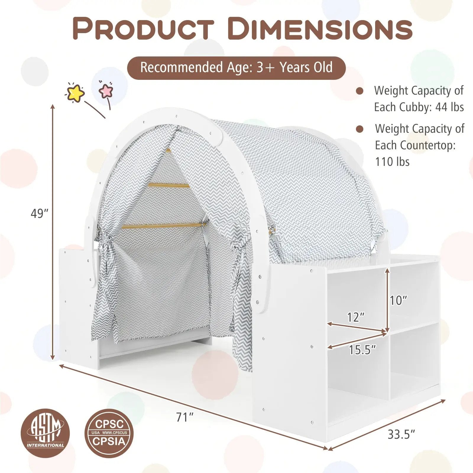 Wooden Kids Play Tent with Curtain Shades and 8 Cubbies-White by DirectDeals