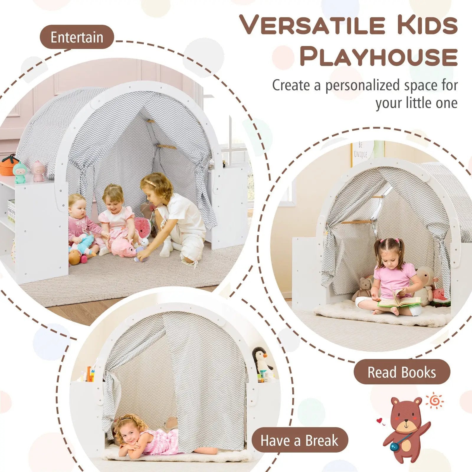 Wooden Kids Play Tent with Curtain Shades and 8 Cubbies-White by DirectDeals