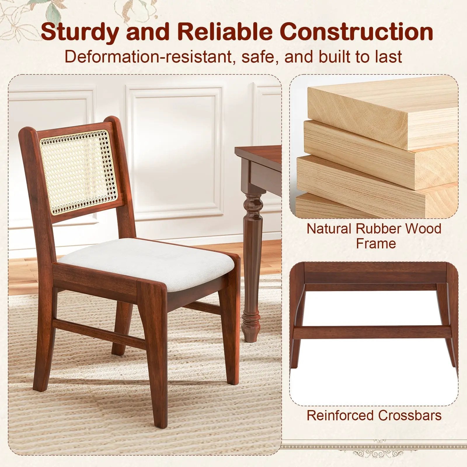 Wooden Kitchen Chairs with Cane Back Rubber Wood Frame and Padded Seat-Coffee by DirectDeals