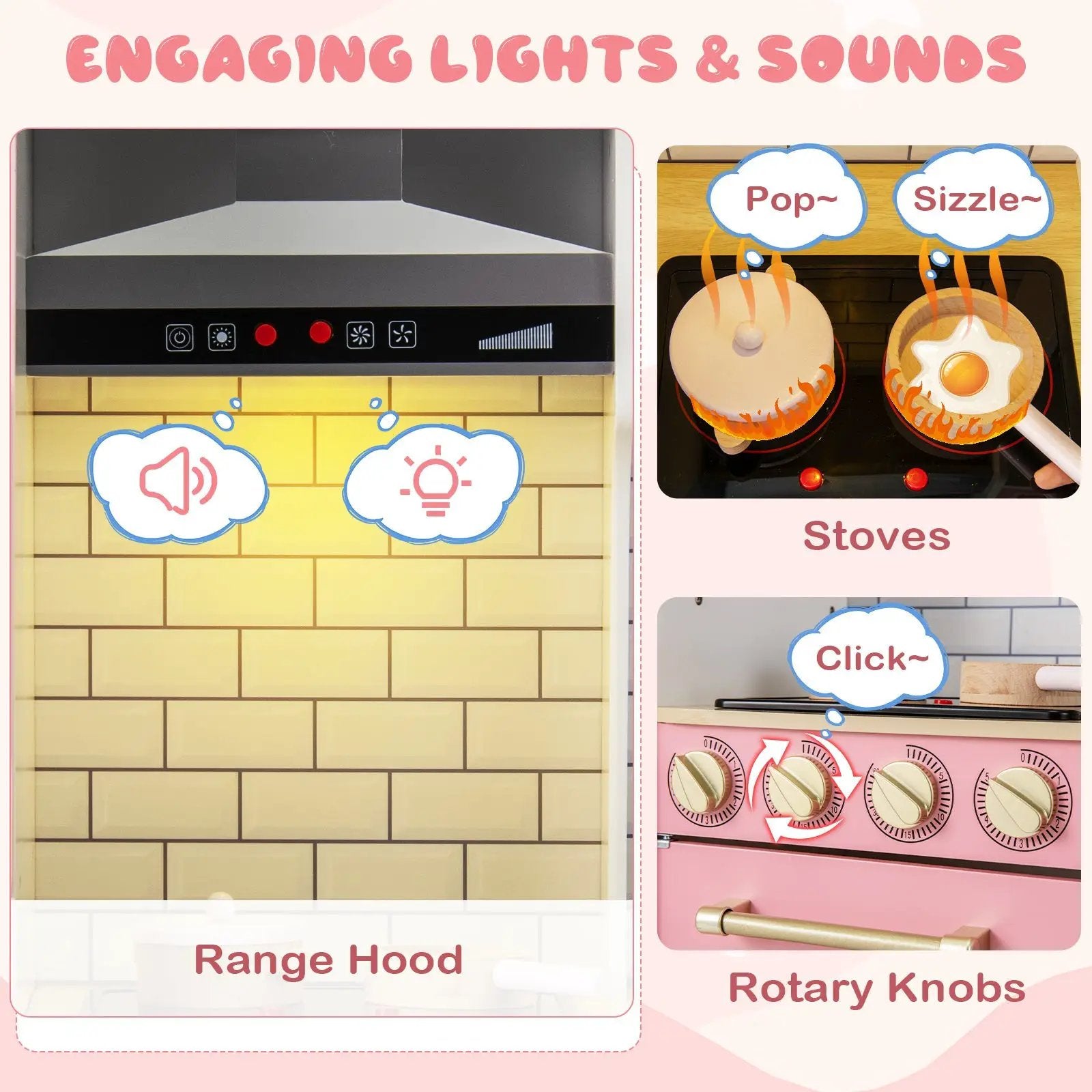 Wooden Pretend Play Kitchen with Ice Maker Range Hood and Blackboard-Pink by DirectDeals