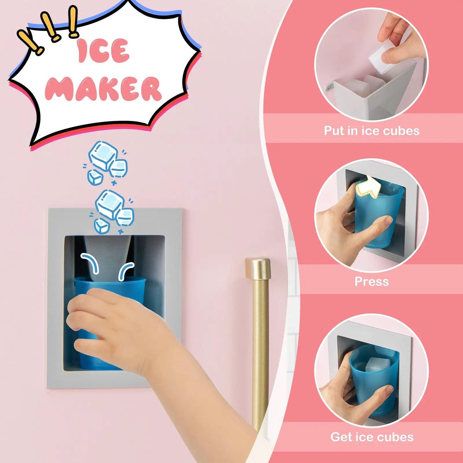 Wooden Pretend Play Kitchen with Ice Maker Range Hood and Blackboard-Pink by DirectDeals