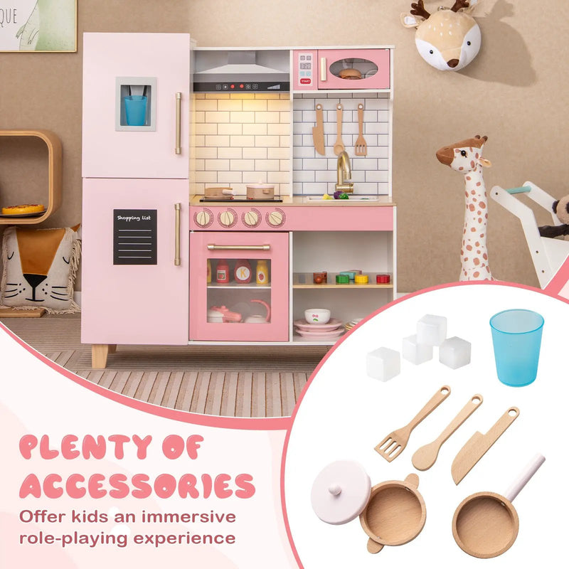 Wooden Pretend Play Kitchen with Ice Maker Range Hood and Blackboard-Pink by DirectDeals