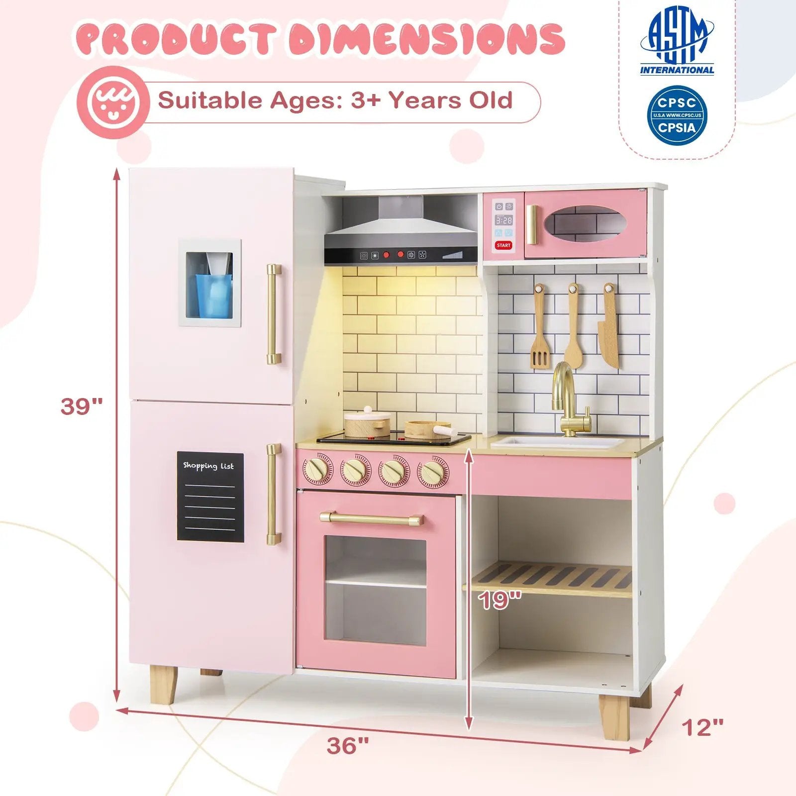 Wooden Pretend Play Kitchen with Ice Maker Range Hood and Blackboard-Pink by DirectDeals