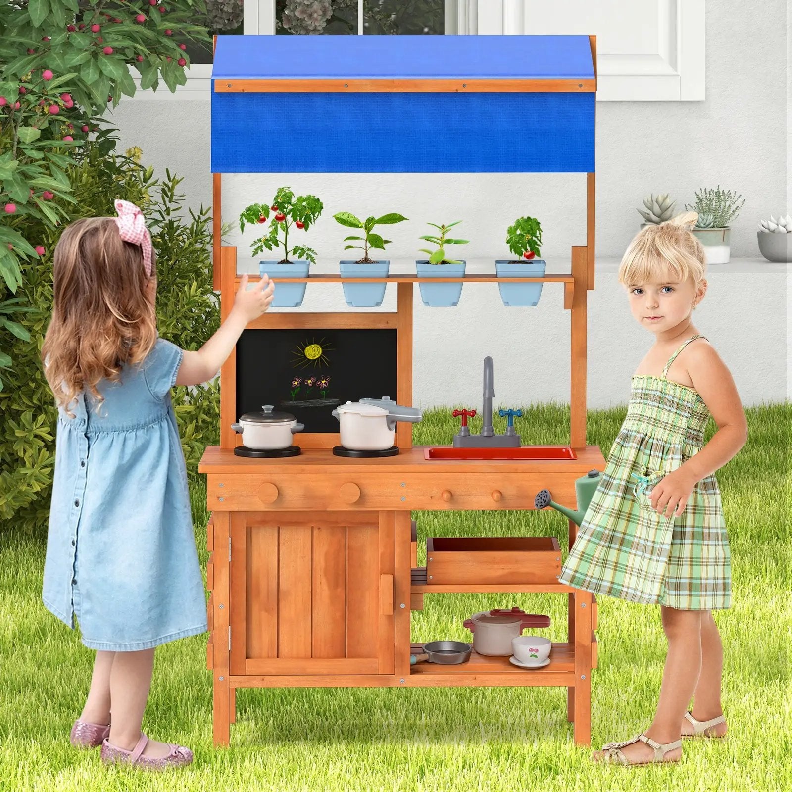 Wooden Pretend Play Kitchen with Height Adjustable Canopy for Kids-Natural by DirectDeals