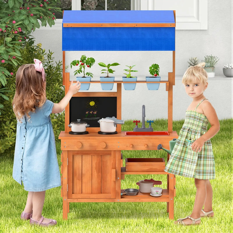Wooden Pretend Play Kitchen with Height Adjustable Canopy for Kids-Natural by DirectDeals