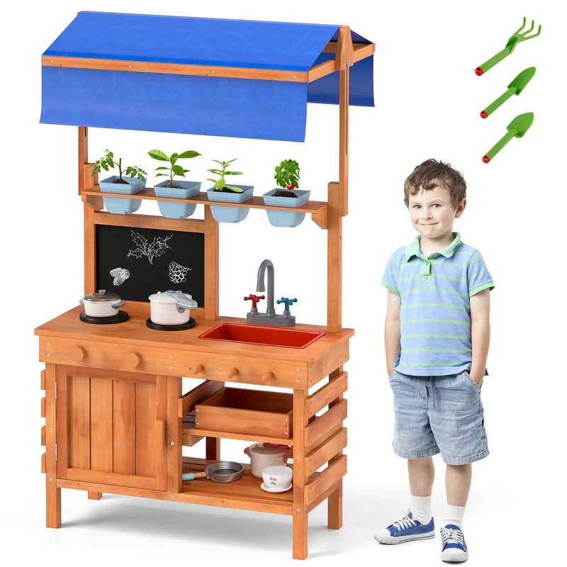 Wooden Pretend Play Kitchen with Height Adjustable Canopy for Kids-Natural by DirectDeals