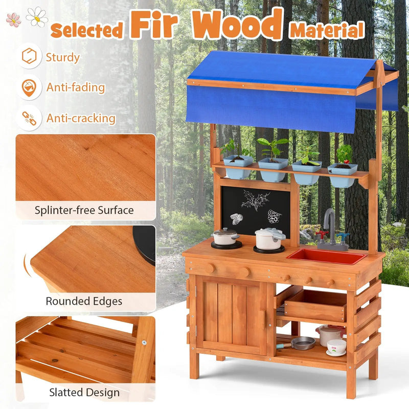 Wooden Pretend Play Kitchen with Height Adjustable Canopy for Kids-Natural by DirectDeals