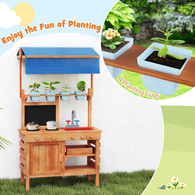 Wooden Pretend Play Kitchen with Height Adjustable Canopy for Kids-Natural by DirectDeals