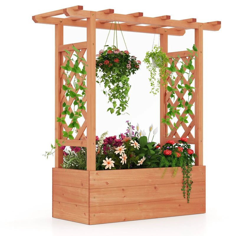 Wooden Raised Garden Bed Elevated Planter Box with Trellis and Hanging Roof by DirectDeals