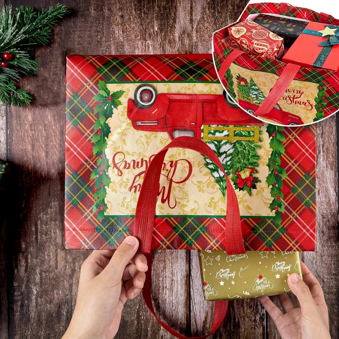 Woven Fabric Gift Bags with Handles, Red White Plaid, 8 16pcs by House Of Avana
