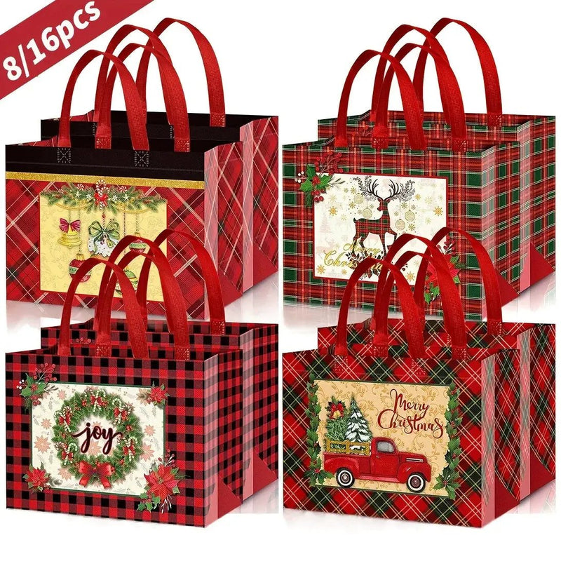 Woven Fabric Gift Bags with Handles, Red White Plaid, 8 16pcs by House Of Avana