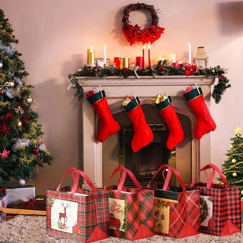 Woven Fabric Gift Bags with Handles, Red White Plaid, 8 16pcs by House Of Avana