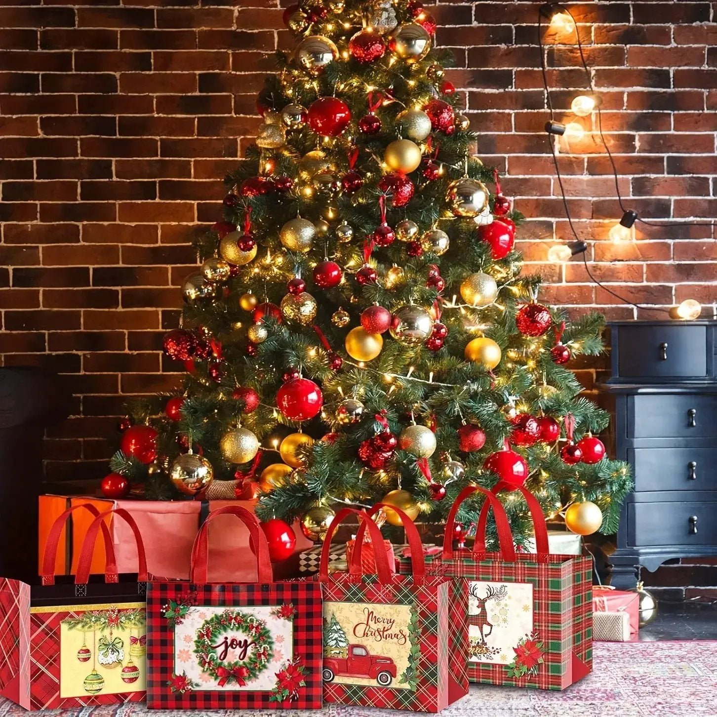 Woven Fabric Gift Bags with Handles, Red White Plaid, 8 16pcs by House Of Avana