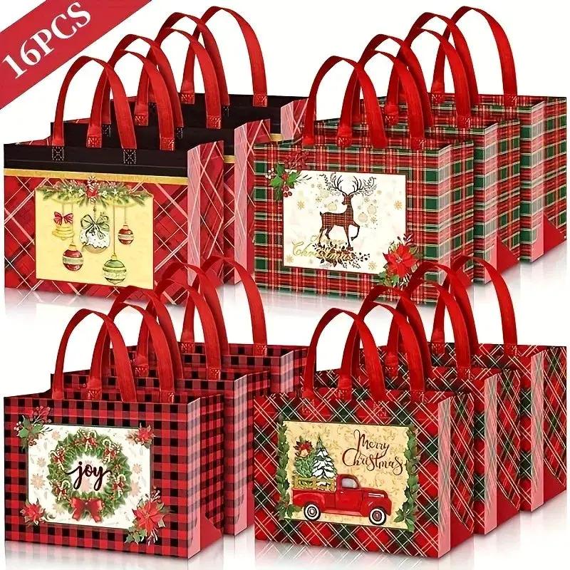 Woven Fabric Gift Bags with Handles, Red White Plaid, 8 16pcs by House Of Avana