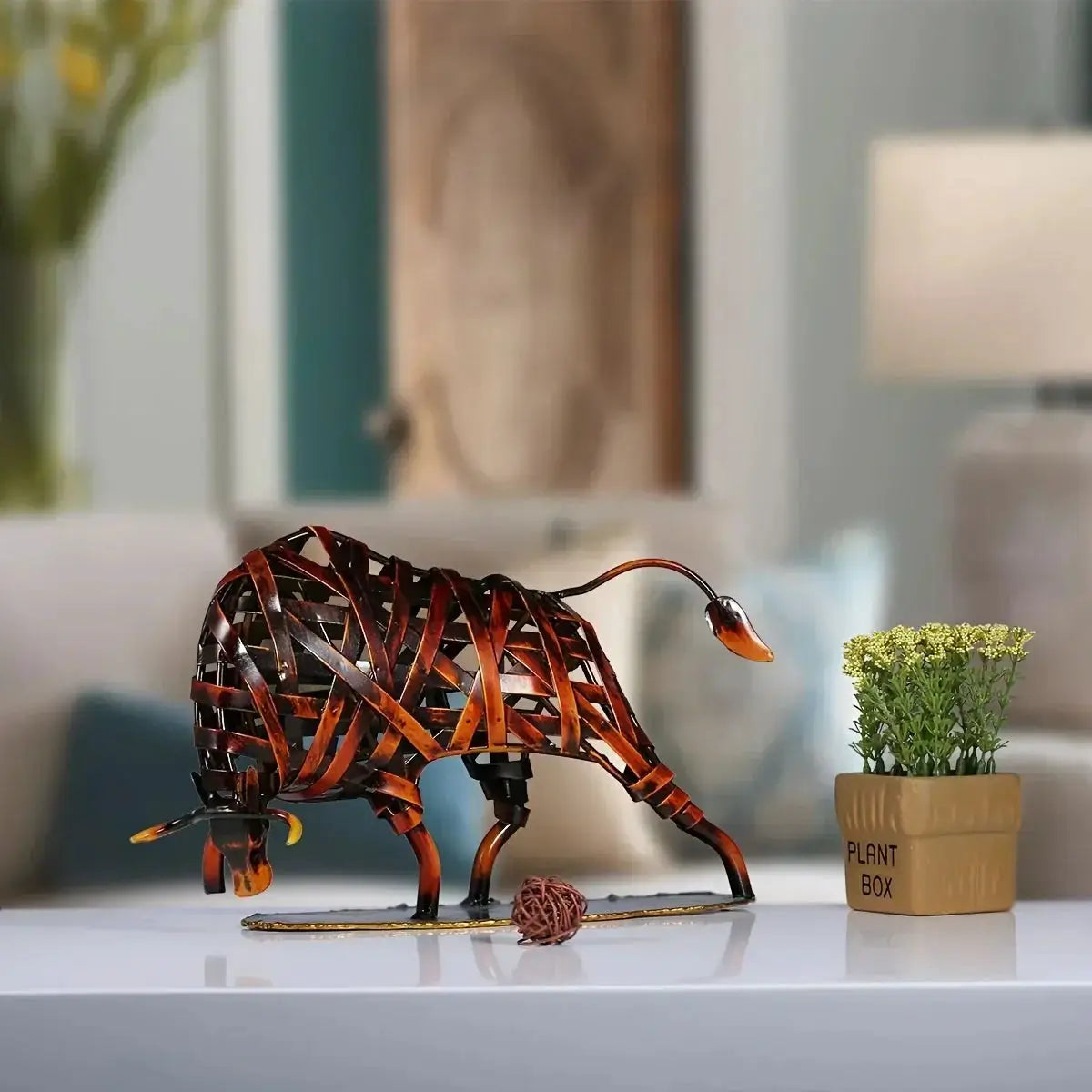 Woven Metal Bull Sculpture Modern Iron Art by House Of Avana