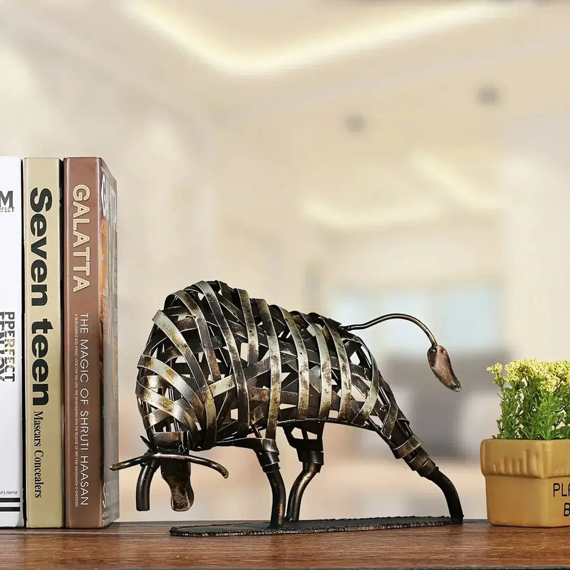 Woven Metal Bull Sculpture Modern Iron Art by House Of Avana