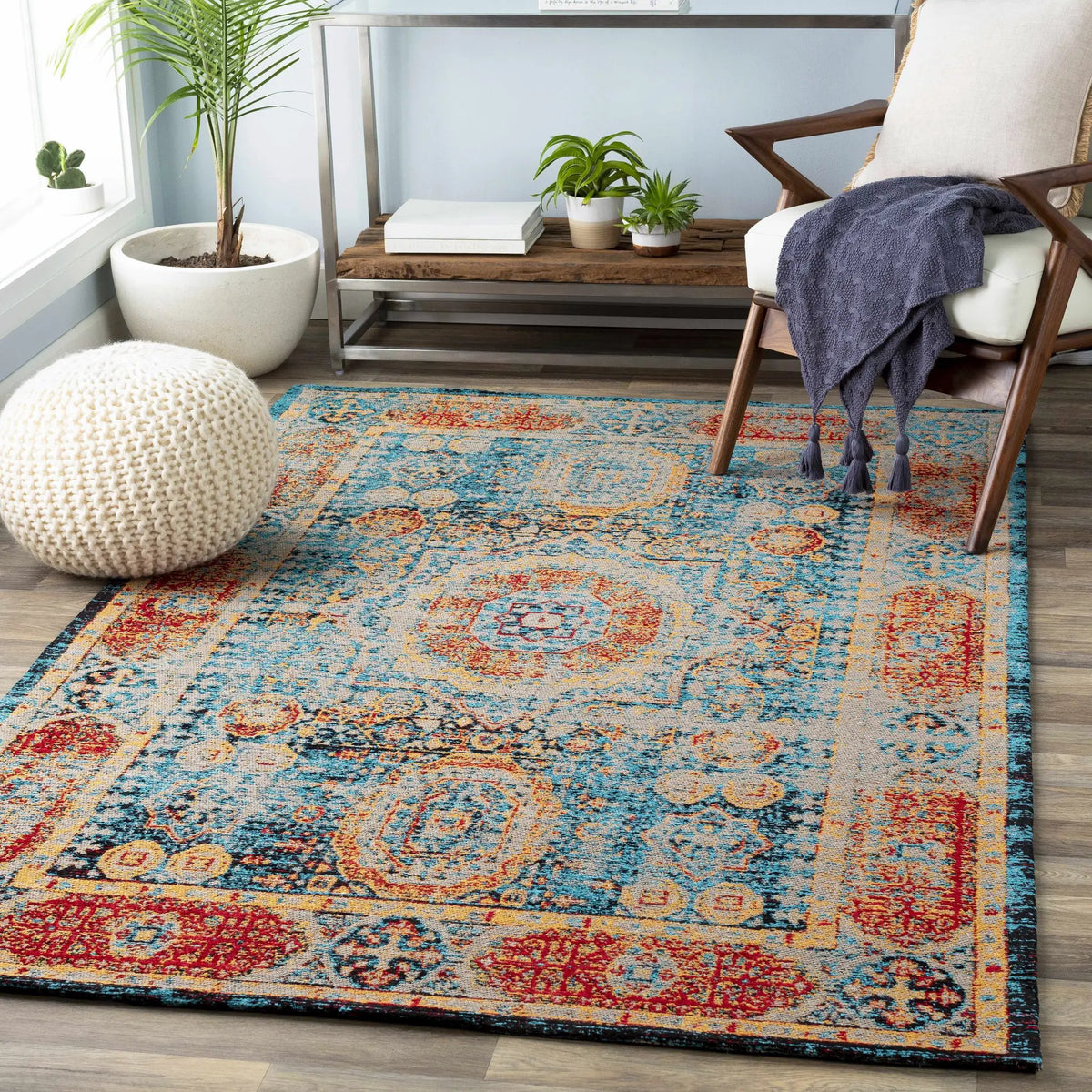 Wrangell Blue/Red Damask Carpet - Clearance, installed in a room