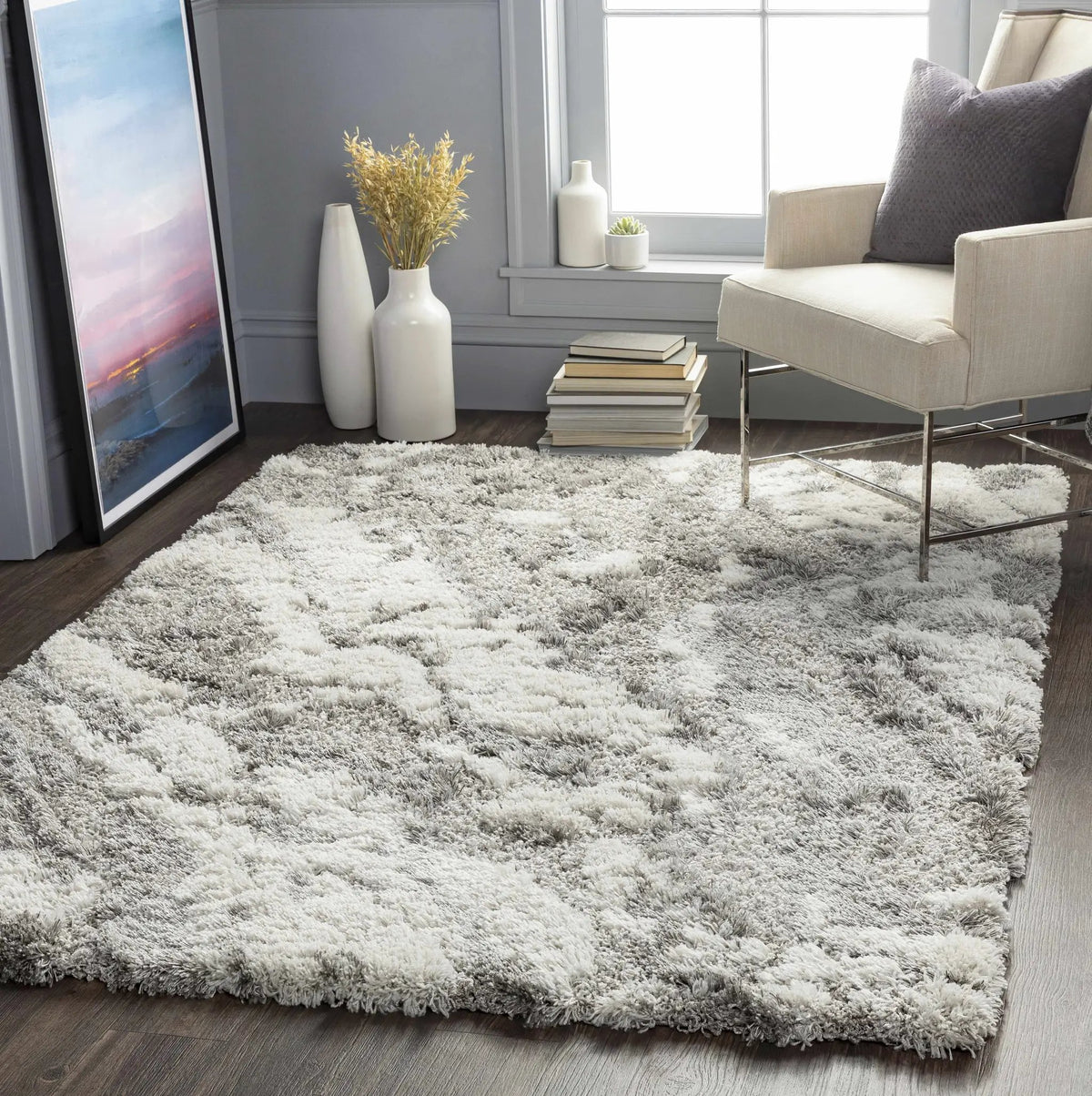 Ashtucna Gray Cloudy Shag Rug, installed in a room