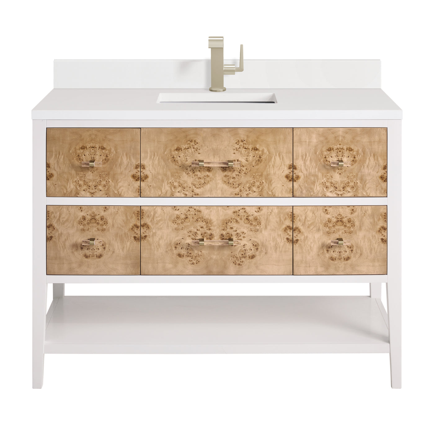 James Martin Olena 48" Single Bathroom Vanity, Polished White and Light Mappa Burl with White Zeus (Single Hole, with Backsplash) countertop