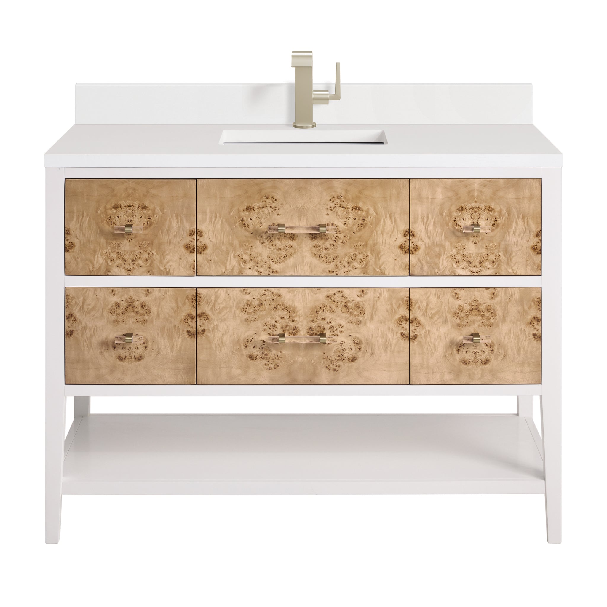 James Martin Olena 48" Single Bathroom Vanity, Polished White and Light Mappa Burl with White Zeus (Single Hole, with Backsplash) countertop