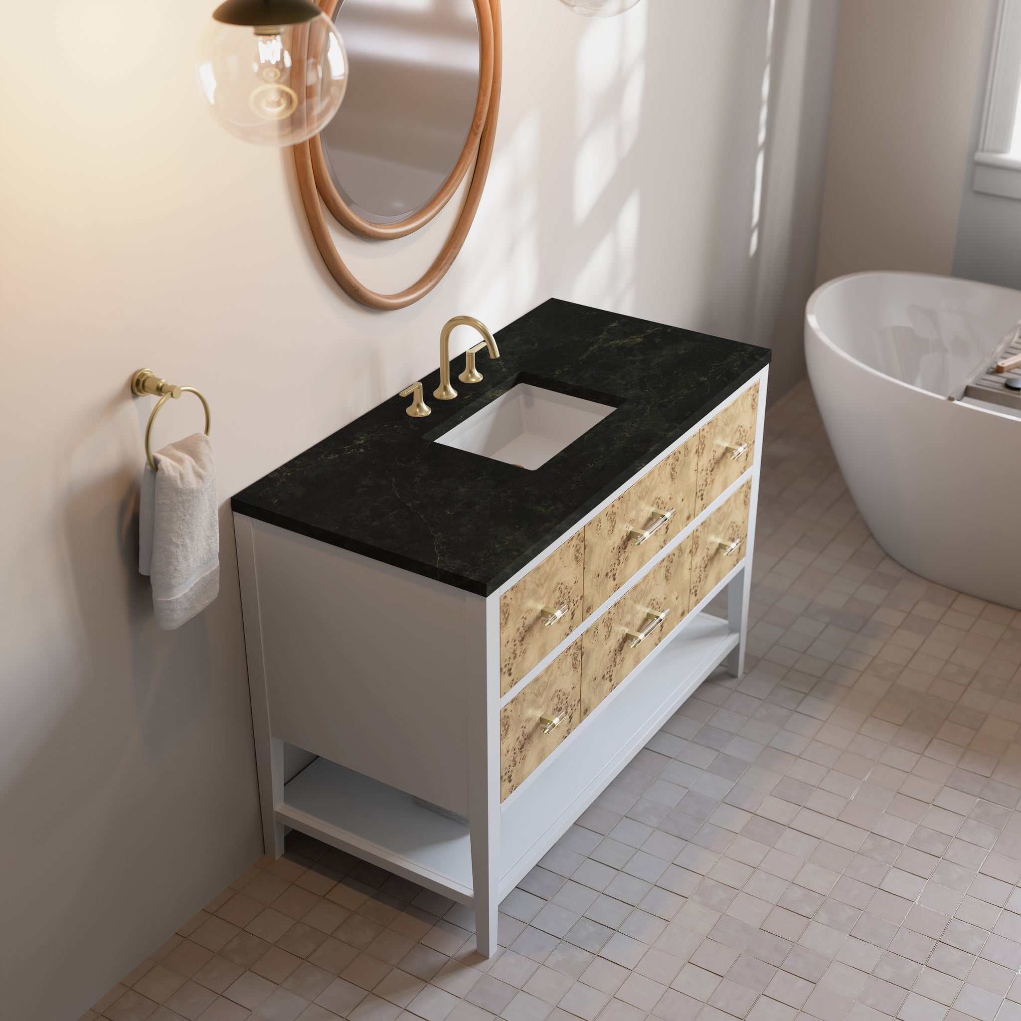 James Martin Olena 48" Single Bathroom Vanity, Polished White and Light Mappa Burl, view 36