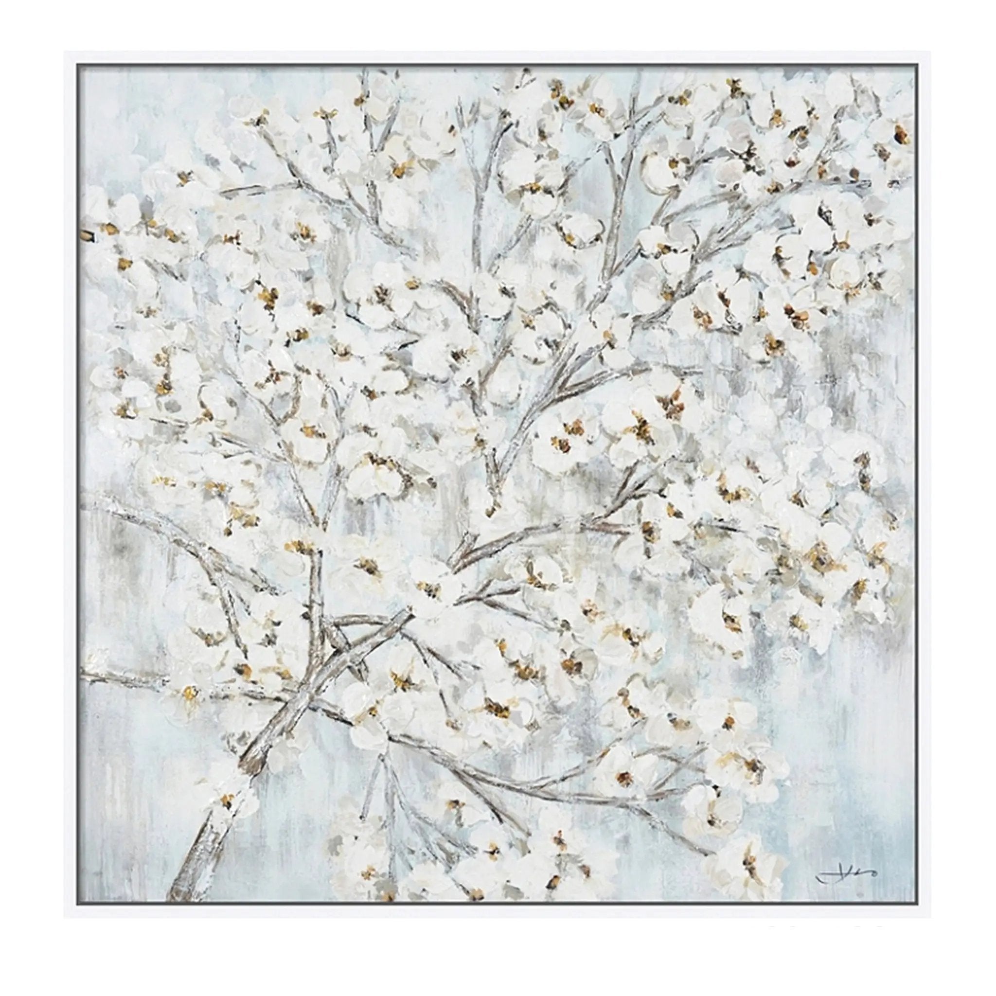 Hand Painted Acrylic Wall Art White Flower Tree on a 39 x 39 Square Canvas with a White Wooden Frame by Sharicks
