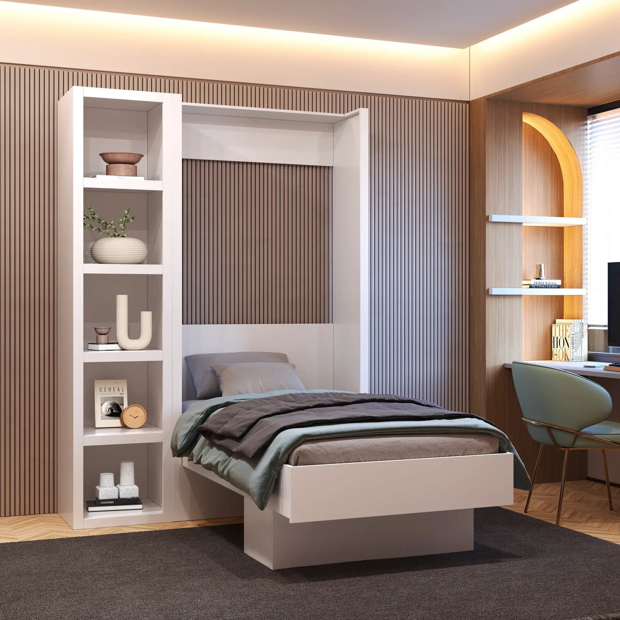 Easy-Lift Twin Murphy Wall Bed in White with Bookshelf by Sharicks